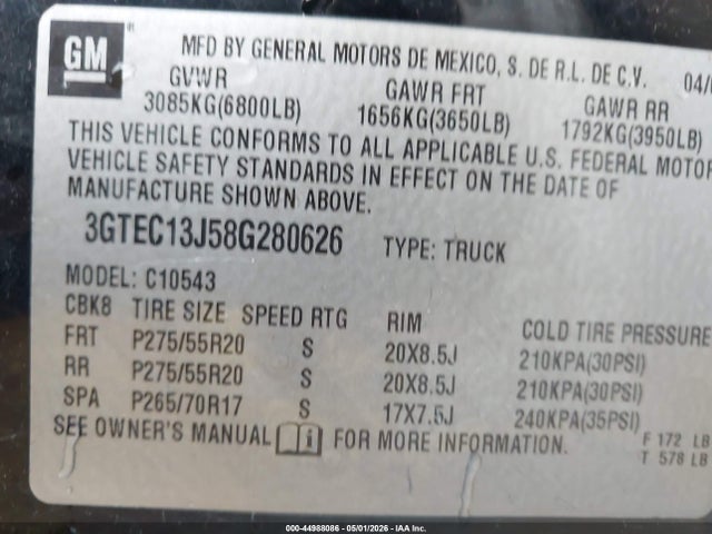 44988086 :رقم المزاد ، 3GTEC13J58G280626 vin ، 2008 Gmc Sierra 1500 Sle1 مزاد بيع