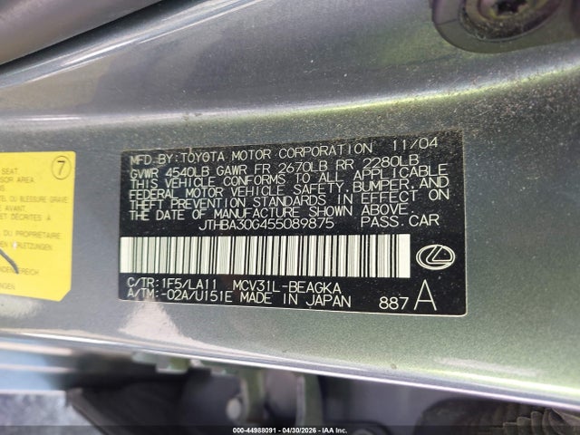 2005 Lexus Es 330 მანქანა იყიდება აუქციონზე, vin: JTHBA30G455089875, აუქციონის ნომერი: 44988091