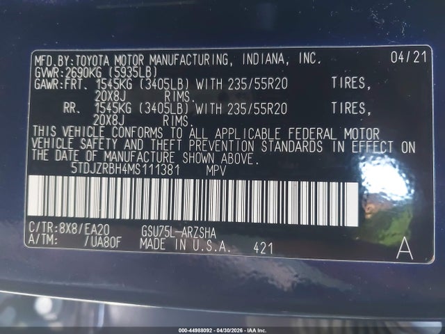 Aukcja sprzedaży 2021 Toyota Highlander Xse, vin: 5TDJZRBH4MS111381, numer aukcji: 44988092