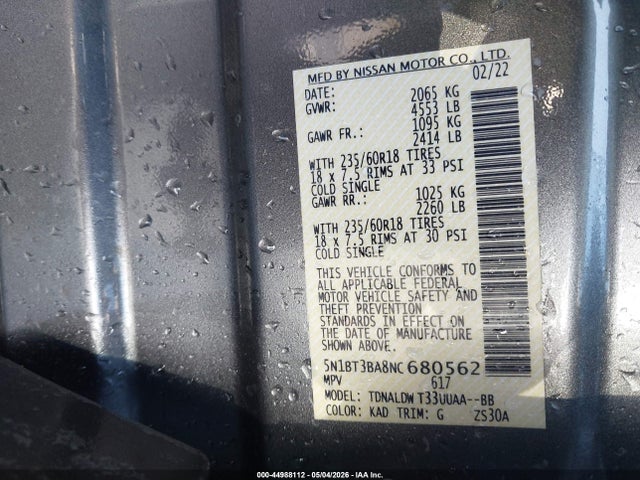 Продаж на аукціоні авто 2022 Nissan Rogue Sv Fwd, vin: 5N1BT3BA8NC680562, номер лоту: 44988112