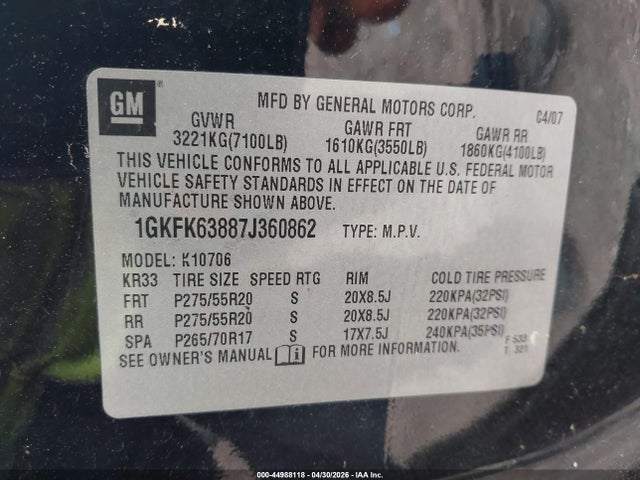 Продаж на аукціоні авто 2007 Gmc Yukon Denali, vin: 1GKFK63887J360862, номер лоту: 44988118