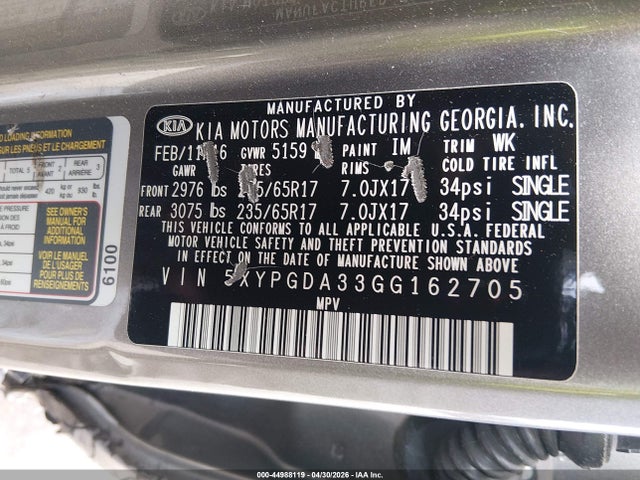 5XYPGDA33GG162705 KIA Sorento 2.4l Lx