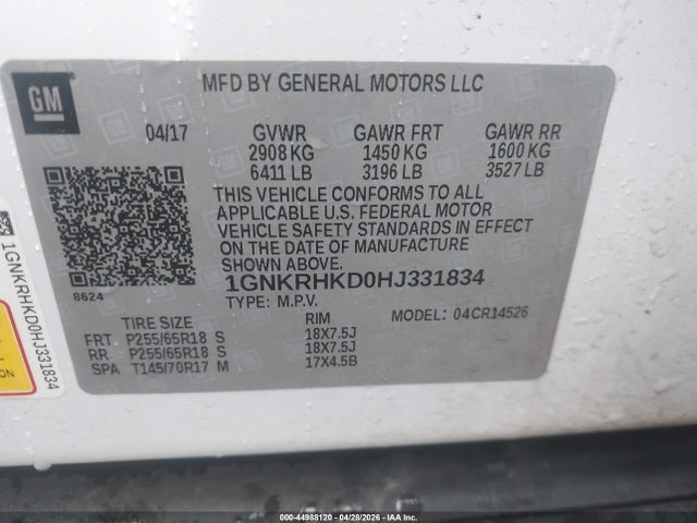 2017 Chevrolet Traverse 2lt მანქანა იყიდება აუქციონზე, vin: 1GNKRHKD0HJ331834, აუქციონის ნომერი: 44988120