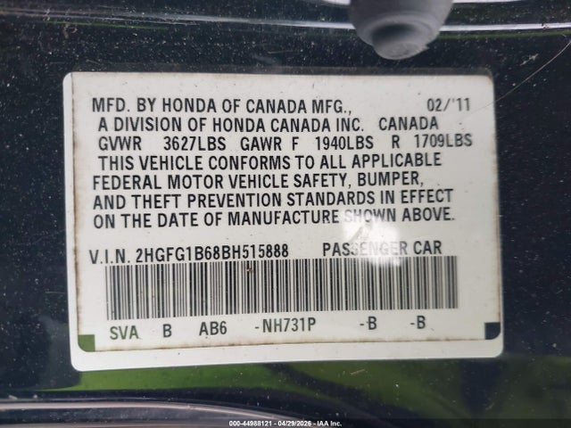 44988121 :رقم المزاد ، 2HGFG1B68BH515888 vin ، 2011 Honda Civic Lx مزاد بيع