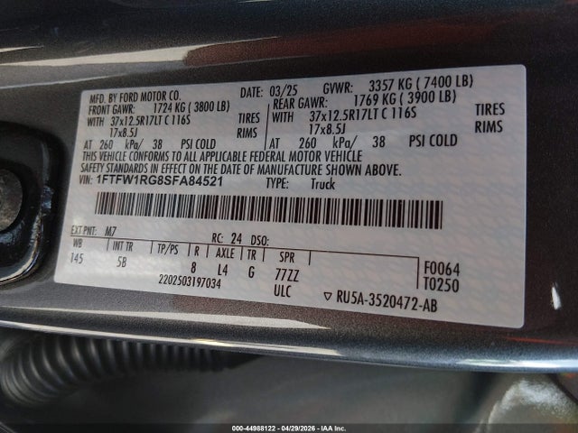 1FTFW1RG8SFA84521 Ford F-150 Raptor