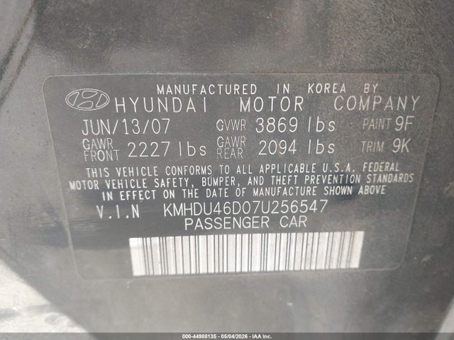 Продаж на аукціоні авто 2007 Hyundai Elantra Gls/limited/se, vin: KMHDU46D07U256547, номер лоту: 44988135