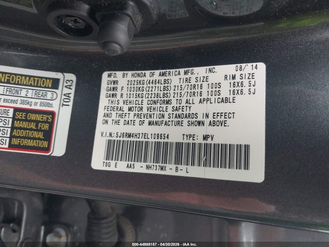 44988157 :رقم المزاد ، 5J6RM4H37EL109654 vin ، 2014 Honda Cr-v Lx مزاد بيع