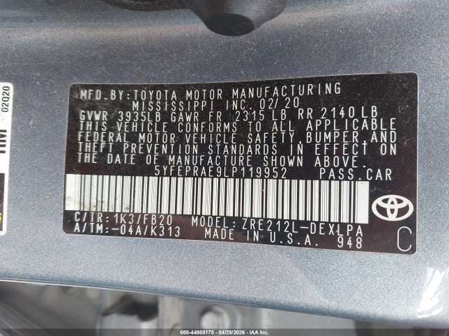 Toyota COROLLA LE 2020 5YFEPRAE9LP119952 Image 9