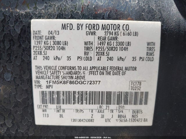 2013 Ford Explorer Limited მანქანა იყიდება აუქციონზე, vin: 1FM5K8F86DGC72377, აუქციონის ნომერი: 44988189