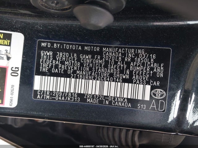Aukcja sprzedaży 2016 Toyota Corolla Le, vin: 2T1BURHE2GC640146, numer aukcji: 44988197