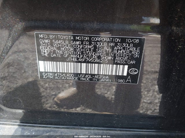 Продаж на аукціоні авто 2009 Lexus Ls 460, vin: JTHBL46F795086215, номер лоту: 44988200