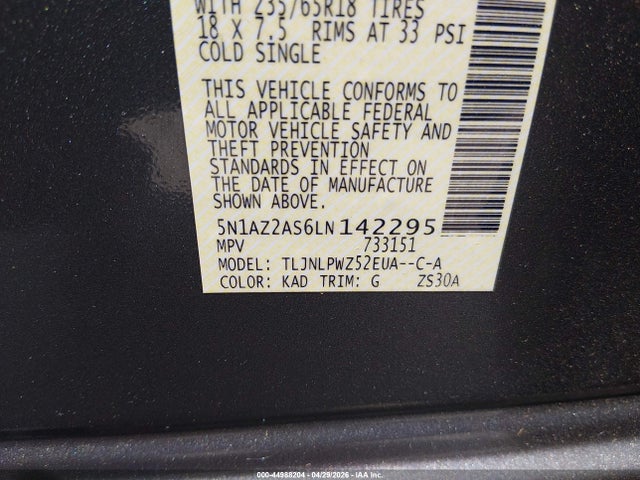 44988204 :رقم المزاد ، 5N1AZ2AS6LN142295 vin ، 2020 Nissan Murano S Intelligent Awd مزاد بيع