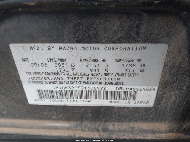 Продажа на аукционе авто 2007 Mazda Mazda3 S Grand Touring, vin: JM1BK323571638972, номер лота: 44988213