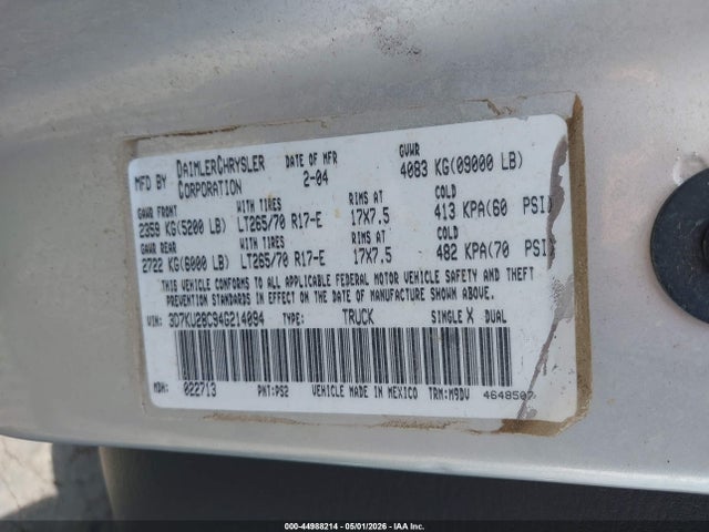 44988214 :رقم المزاد ، 3D7KU28C94G214094 vin ، 2004 Dodge Ram 2500 Slt/laramie مزاد بيع
