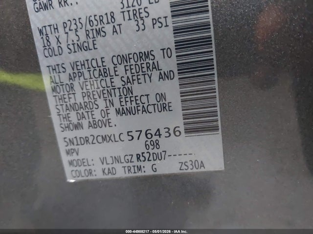 44988217 :رقم المزاد ، 5N1DR2CMXLC576436 vin ، 2020 Nissan Pathfinder Sl 4wd مزاد بيع