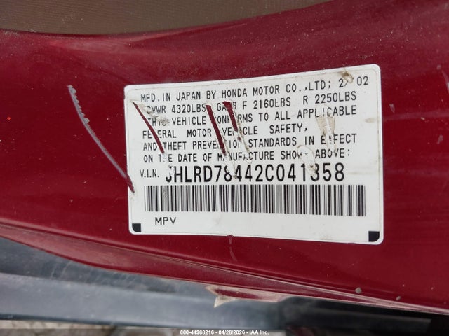 Продажа на аукционе авто 2002 Honda Cr-v Lx, vin: JHLRD78442C041358, номер лота: 44988216