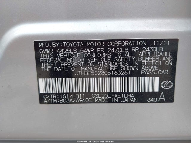 44988218 :رقم المزاد ، JTHBF5C28C5163261 vin ، 2012 Lexus Is 250 مزاد بيع