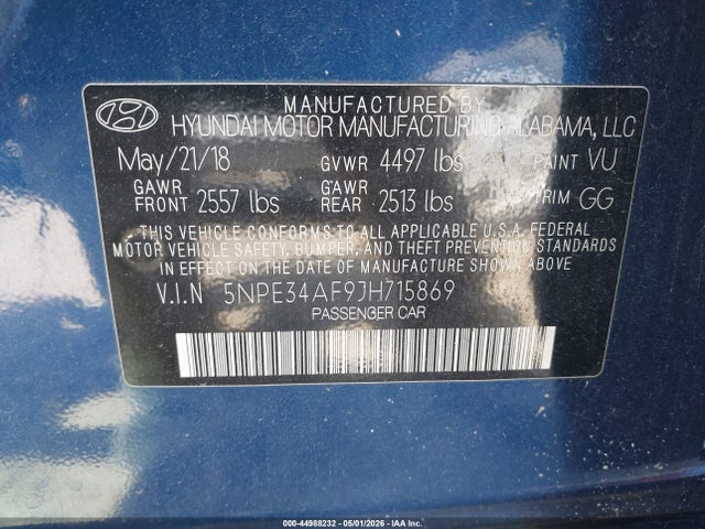 2018 Hyundai Sonata Limited მანქანა იყიდება აუქციონზე, vin: 5NPE34AF9JH715869, აუქციონის ნომერი: 44988232
