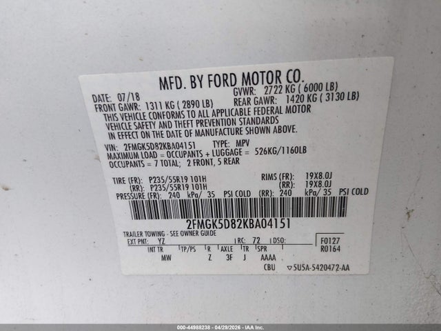 Aukcja sprzedaży 2019 Ford Flex Limited, vin: 2FMGK5D82KBA04151, numer aukcji: 44988238