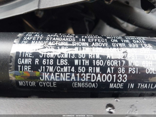 2015 Kawasaki En650 A მანქანა იყიდება აუქციონზე, vin: JKAENEA13FDA00133, აუქციონის ნომერი: 44988245