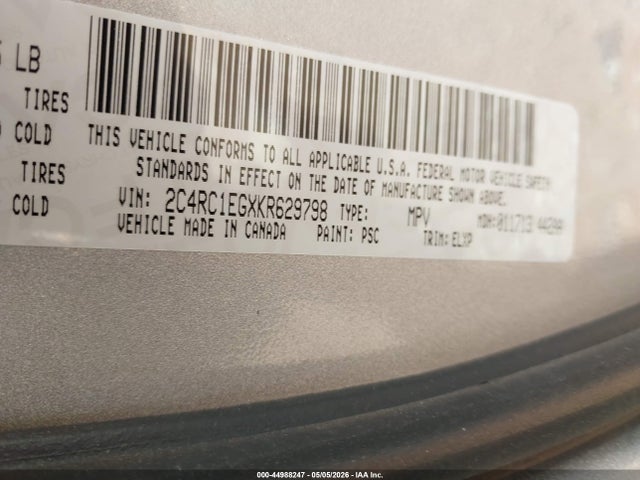 44988247 :رقم المزاد ، 2C4RC1EGXKR629798 vin ، 2019 Chrysler Pacifica Touring L Plus مزاد بيع