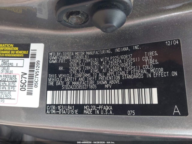 2005 Toyota Sienna Xle მანქანა იყიდება აუქციონზე, vin: 5TDZA22C85S271805, აუქციონის ნომერი: 44988250
