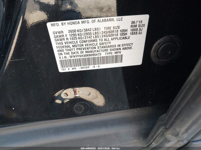 44988252 :رقم المزاد ، 5FNYF6H30KB095473 vin ، 2019 Honda Pilot Ex مزاد بيع