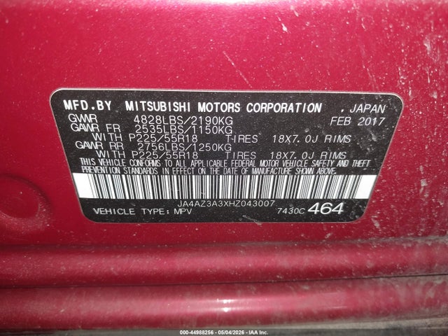 Продаж на аукціоні авто 2017 Mitsubishi Outlander Se, vin: JA4AZ3A3XHZ043007, номер лоту: 44988256