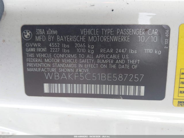 44988263 :رقم المزاد ، WBAKF5C51BE587257 vin ، 2011 Bmw 328i Xdrive مزاد بيع