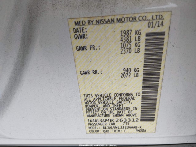2014 Nissan Altima 3.5 Sl მანქანა იყიდება აუქციონზე, vin: 1N4BL3AP4EC263312, აუქციონის ნომერი: 44988272