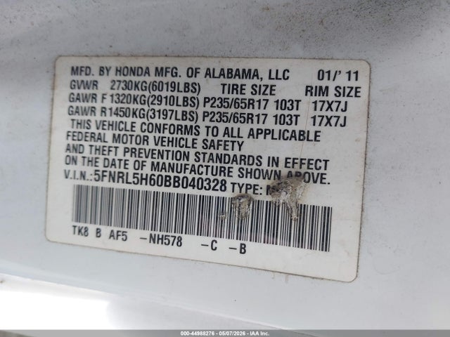2011 Honda Odyssey Ex-l მანქანა იყიდება აუქციონზე, vin: 5FNRL5H60BB040328, აუქციონის ნომერი: 44988276