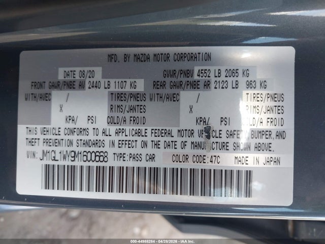 44988284 :رقم المزاد ، JM1GL1WY9M1600668 vin ، 2021 Mazda Mazda6 Carbon Edition مزاد بيع