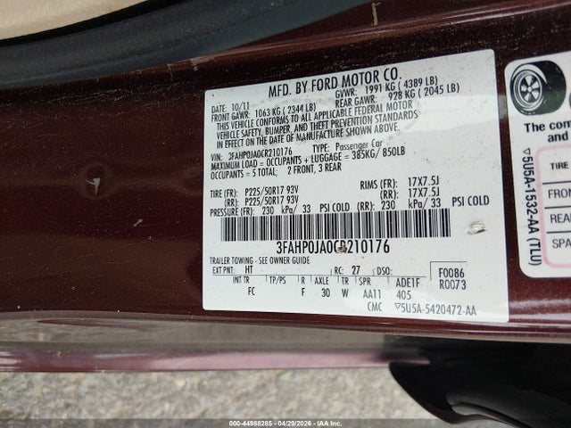 Продаж на аукціоні авто 2012 Ford Fusion Sel, vin: 3FAHP0JA0CR210176, номер лоту: 44988285