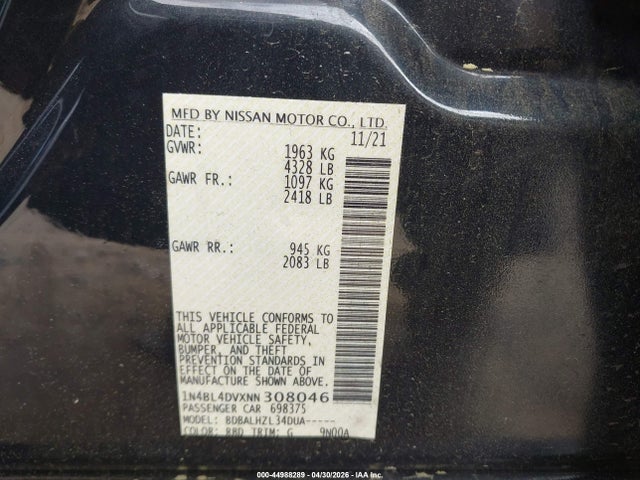 2022 Nissan Altima Sv Fwd მანქანა იყიდება აუქციონზე, vin: 1N4BL4DVXNN308046, აუქციონის ნომერი: 44988289