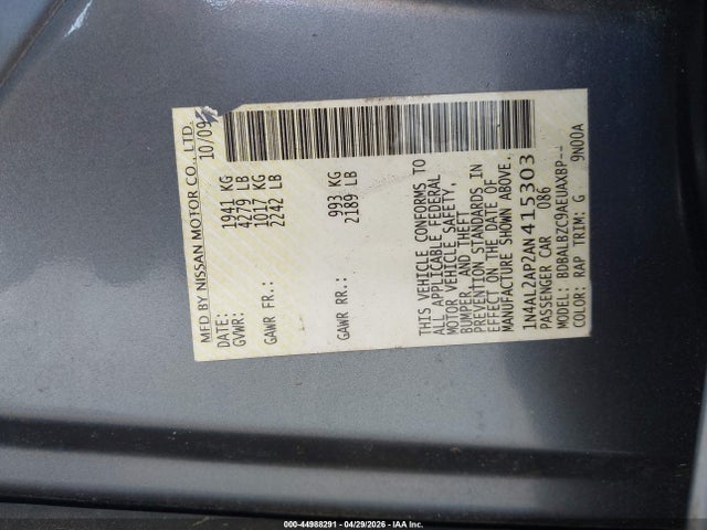 2010 Nissan Altima 2.5 S მანქანა იყიდება აუქციონზე, vin: 1N4AL2AP2AN415303, აუქციონის ნომერი: 44988291