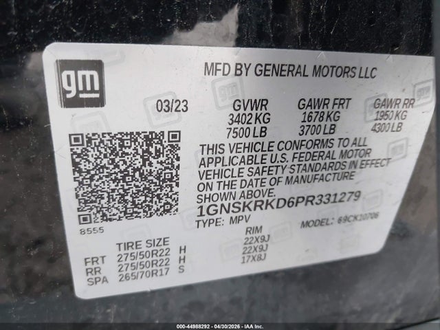 Aukcja sprzedaży 2023 Chevrolet Tahoe 4wd Rst, vin: 1GNSKRKD6PR331279, numer aukcji: 44988292