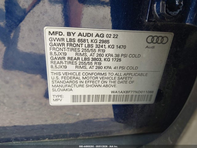 Продажа на аукционе авто 2022 Audi Q7 Premium 55 Tfsi Quattro Tiptronic, vin: WA1AXBF77ND011068, номер лота: 44988293