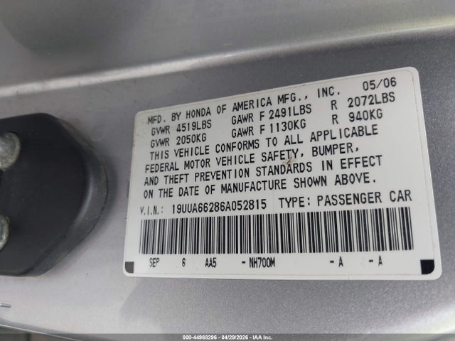 Продаж на аукціоні авто 2006 Acura Tl, vin: 19UUA66286A052815, номер лоту: 44988296