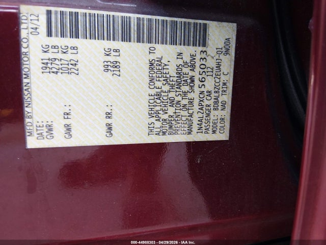 Aukcja sprzedaży 2012 Nissan Altima 2.5 S, vin: 1N4AL2APXCN565033, numer aukcji: 44988303