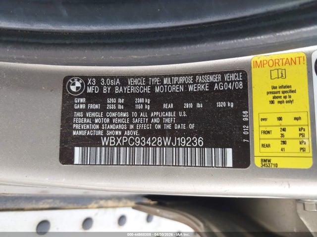 Продажа на аукционе авто 2008 Bmw X3 3.0si, vin: WBXPC93428WJ19236, номер лота: 44988305