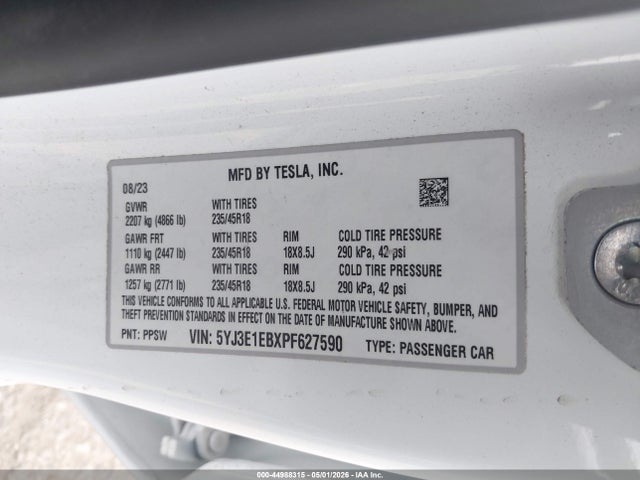 Продажа на аукционе авто 2023 Tesla Model 3 Long Range Dual Motor All-wheel Drive, vin: 5YJ3E1EBXPF627590, номер лота: 44988315