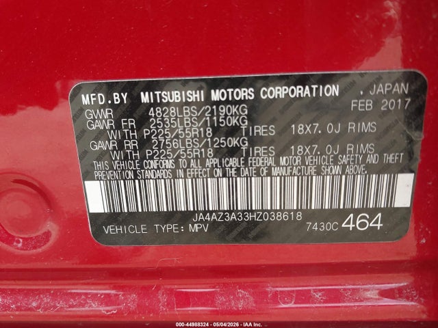 Aukcja sprzedaży 2017 Mitsubishi Outlander Se, vin: JA4AZ3A33HZ038618, numer aukcji: 44988324