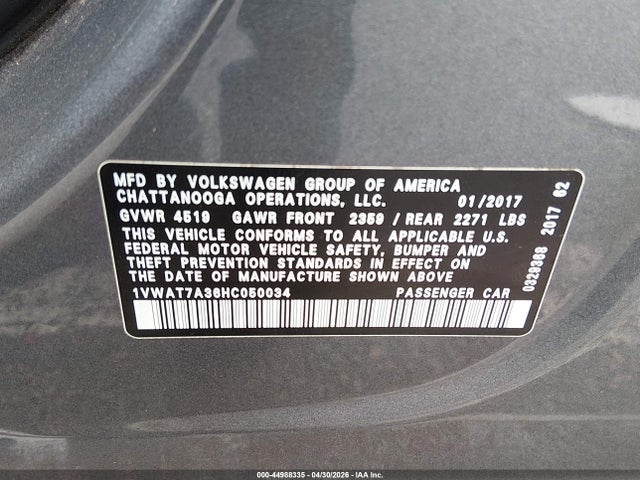 Aukcja sprzedaży 2017 Volkswagen Passat 1.8t S, vin: 1VWAT7A36HC050034, numer aukcji: 44988335