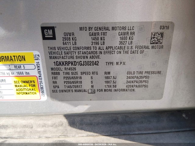 2016 Gmc Acadia Sle მანქანა იყიდება აუქციონზე, vin: 1GKKRPKD1GJ302042, აუქციონის ნომერი: 44988336