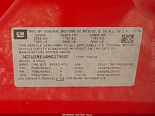 Aukcja sprzedaży 2017 Gmc Sierra 1500 Slt, vin: 3GTU2NEJ4HG279602, numer aukcji: 44988344