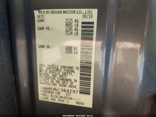 Aukcja sprzedaży 2020 Nissan Maxima Sv Xtronic Cvt, vin: 1N4AA6CV8LC364297, numer aukcji: 44988345