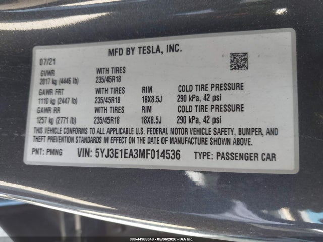Tesla Model 3 Standard Range Plus Rear-wheel Drive 2021 5YJ3E1EA3MF014536 Image 9