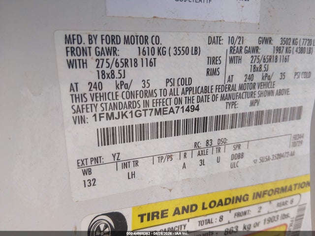 1FMJK1GT7MEA71494 Ford Expedition Xl Max