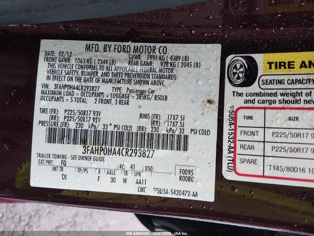 Aukcja sprzedaży 2012 Ford Fusion Se, vin: 3FAHP0HA4CR293827, numer aukcji: 44988363
