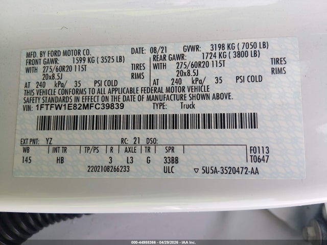 44988366 :رقم المزاد ، 1FTFW1E82MFC39839 vin ، 2021 Ford F-150 Lariat مزاد بيع